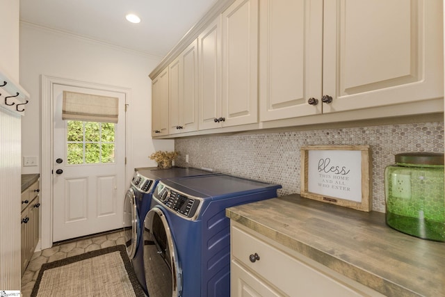 17 Avens Hill Dr, Greer, SC 29651 - clothes washing area with washing machine and clothes dryer, crown molding, cabinet space, recessed lighting, and light tile patterned flooring