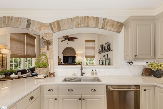 17 Avens Hill Dr, Greer, SC 29651 - kitchen featuring ceiling fan, white cabinetry, tasteful backsplash, a sink, and dishwasher