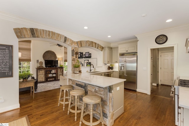 17 Avens Hill Dr, Greer, SC 29651 - kitchen featuring ceiling fan, a sink, a peninsula, ornamental molding, and stainless steel appliances