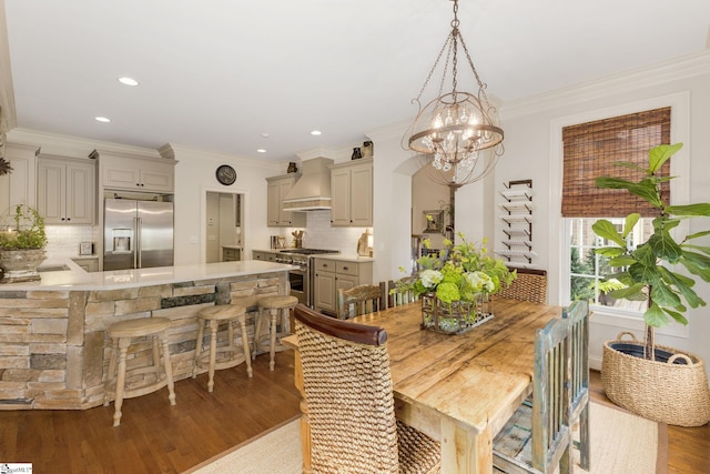 17 Avens Hill Dr, Greer, SC 29651 - dining room featuring dark wood-type flooring, recessed lighting, crown molding, and a notable chandelier