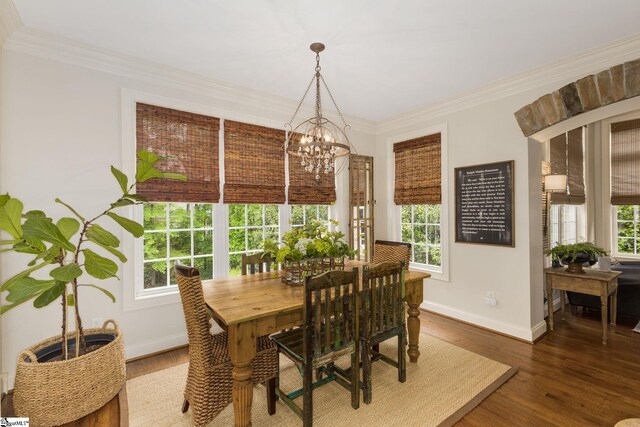 17 Avens Hill Dr, Greer, SC 29651 - dining area with an inviting chandelier, ornamental molding, baseboards, and wood finished floors