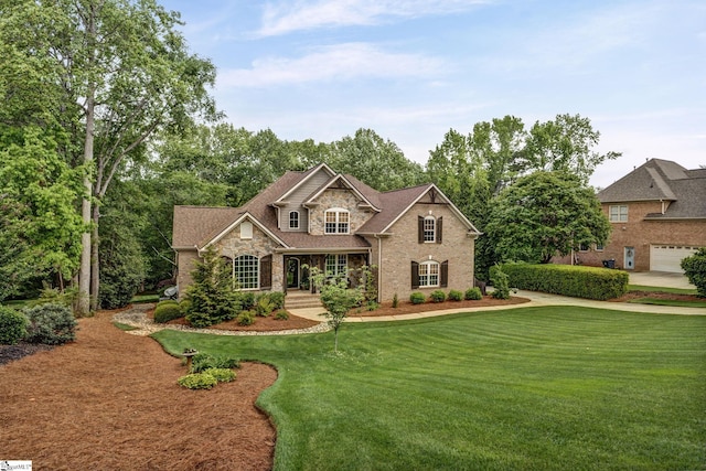 17 Avens Hill Dr, Greer, SC 29651 - craftsman house featuring brick siding, a porch, a front lawn, and stone siding