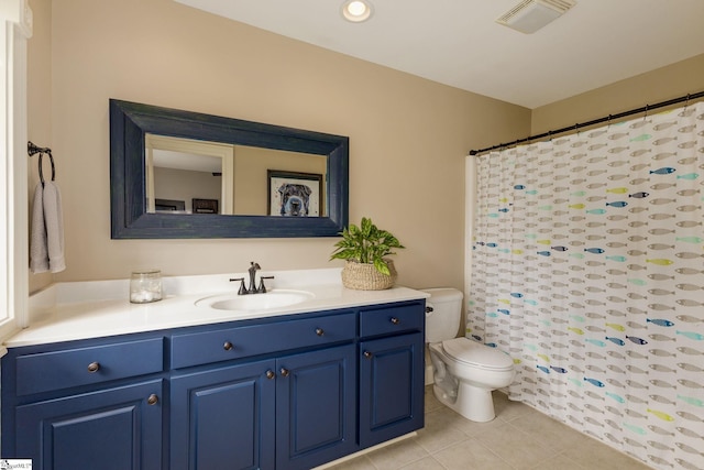 17 Avens Hill Dr, Greer, SC 29651 - bathroom featuring vanity, toilet, tile patterned floors, curtained shower, and visible vents