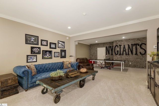 17 Avens Hill Dr, Greer, SC 29651 - living area featuring carpet flooring, recessed lighting, brick wall, and ornamental molding