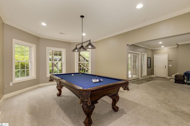 17 Avens Hill Dr, Greer, SC 29651 - game room featuring carpet flooring, recessed lighting, baseboards, pool table, and ornamental molding