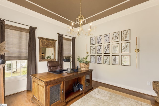 17 Avens Hill Dr, Greer, SC 29651 - office area with baseboards, wood finished floors, and a notable chandelier