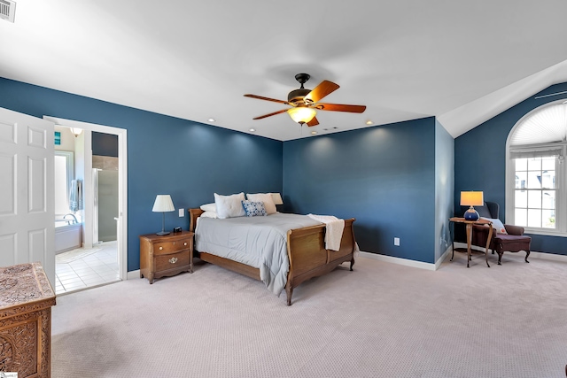 105 Chariot Ln, Simpsonville, SC 29681 - carpeted bedroom with connected bathroom, a ceiling fan, baseboards, vaulted ceiling, and visible vents