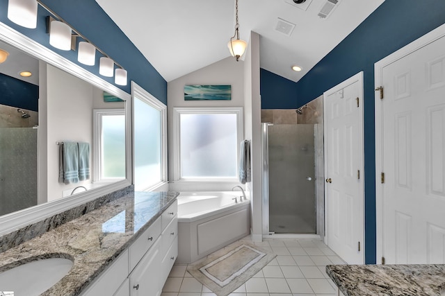 105 Chariot Ln, Simpsonville, SC 29681 - full bath with a garden tub, visible vents, vaulted ceiling, a shower stall, and vanity