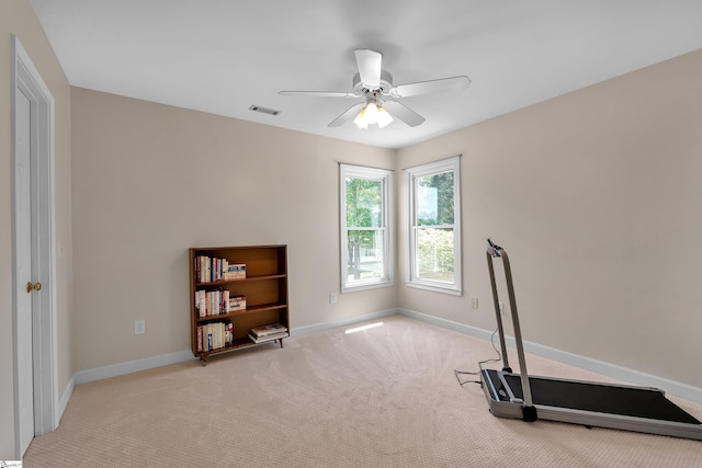 105 Chariot Ln, Simpsonville, SC 29681 - workout area with carpet floors, a ceiling fan, baseboards, and visible vents