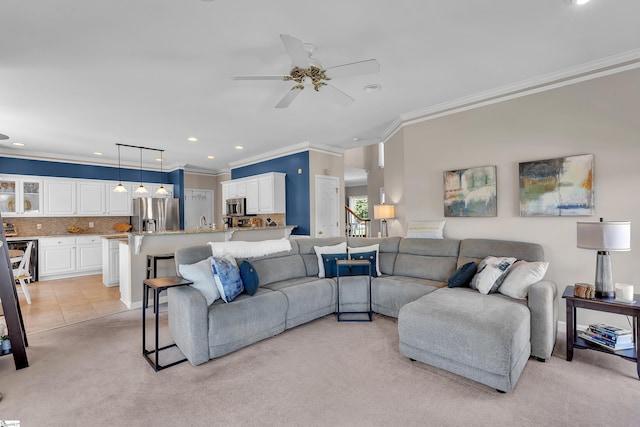 105 Chariot Ln, Simpsonville, SC 29681 - living room featuring recessed lighting, a ceiling fan, ornamental molding, and light carpet
