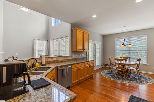 502 Kingsmoor Dr, Simpsonville, SC 29681 - kitchen featuring hanging light fixtures, a sink, dishwasher, recessed lighting, and dark wood-style floors