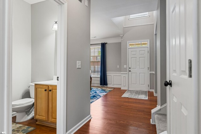 502 Kingsmoor Dr, Simpsonville, SC 29681 - entryway with ornamental molding, wainscoting, and dark wood-style floors