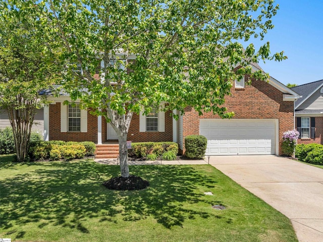 502 Kingsmoor Dr, Simpsonville, SC 29681 - obstructed view of property featuring concrete driveway, brick siding, a front yard, and a garage