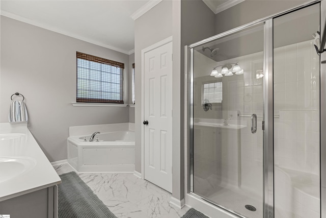 502 Kingsmoor Dr, Simpsonville, SC 29681 - full bathroom with a garden tub, ornamental molding, and a stall shower