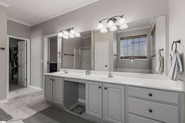 502 Kingsmoor Dr, Simpsonville, SC 29681 - bathroom featuring crown molding, a sink, marble finish floor, and double vanity