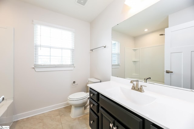 bathroom featuring plenty of natural light, baseboards, walk in shower, and toilet