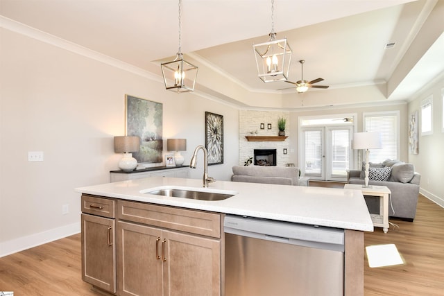 kitchen featuring stainless steel dishwasher, a sink, a raised ceiling, and open floor plan