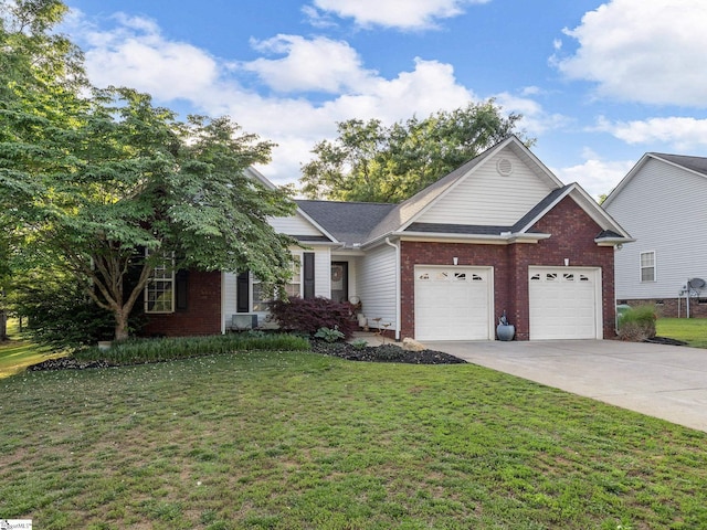 view of front of home with concrete driveway, brick siding, a garage, and a front lawn