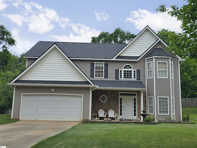 view of front of house featuring an attached garage, driveway, roof with shingles, and a front lawn