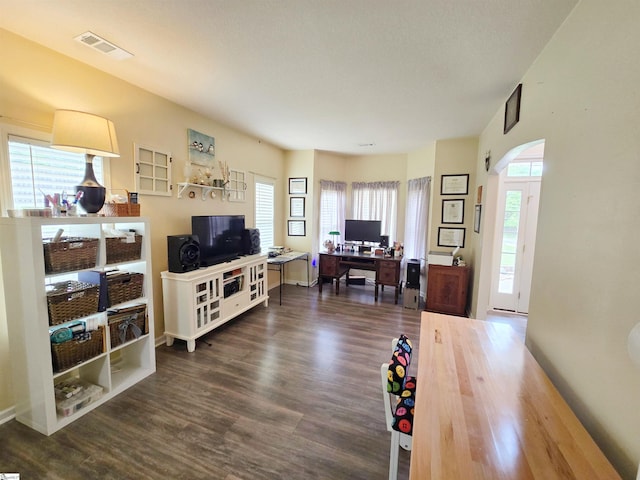 living room featuring visible vents, plenty of natural light, and wood finished floors