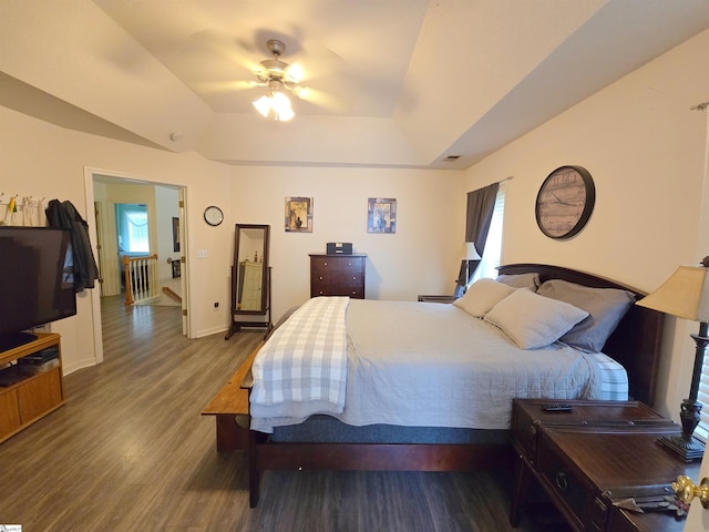 bedroom with a raised ceiling, multiple windows, baseboards, and wood finished floors
