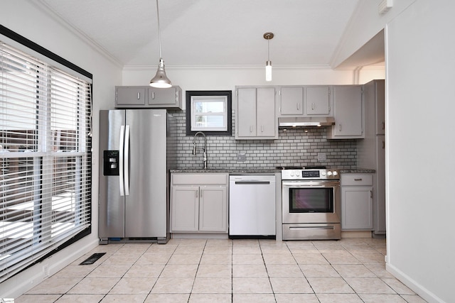 kitchen featuring under cabinet range hood, gray cabinets, appliances with stainless steel finishes, and a sink