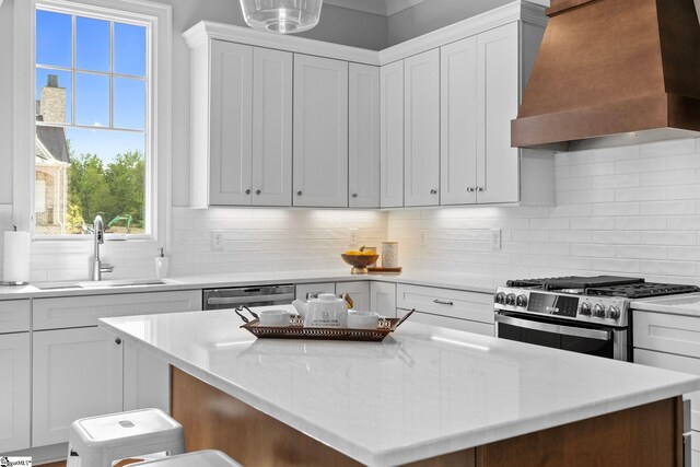 kitchen with decorative backsplash, a center island, appliances with stainless steel finishes, a sink, and premium range hood
