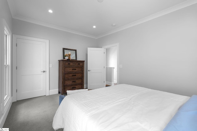carpeted bedroom with crown molding, recessed lighting, and baseboards