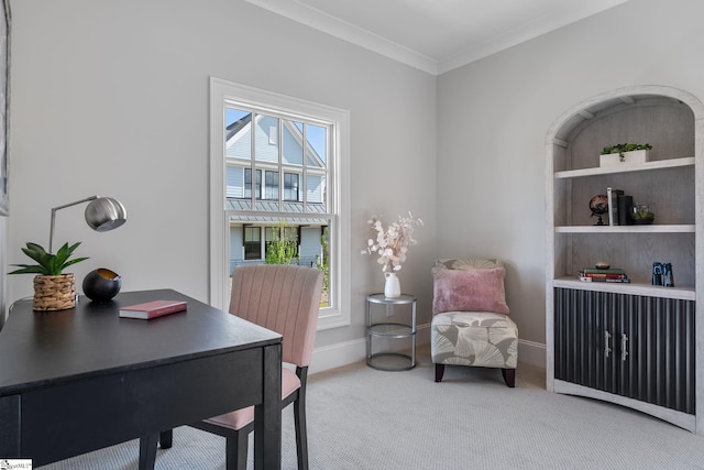 home office featuring crown molding, baseboards, and light colored carpet