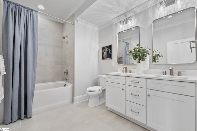 bathroom with crown molding, shower / bath combo with shower curtain, double vanity, toilet, and a sink