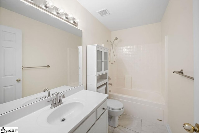full bathroom featuring vanity, shower / bathing tub combination, toilet, and visible vents
