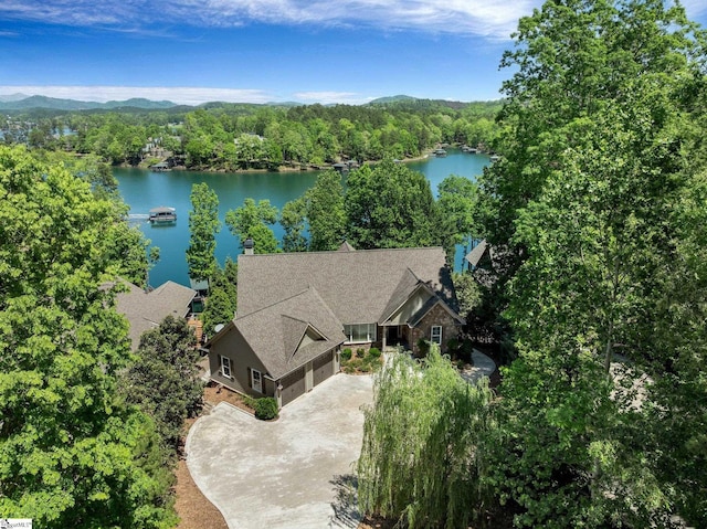 bird's eye view with a view of trees and a water view