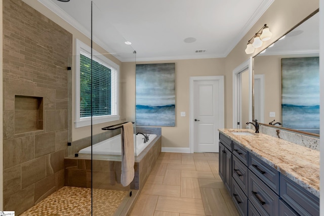 full bath with visible vents, ornamental molding, vanity, a bath, and a tile shower