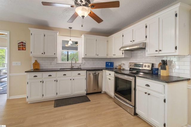 kitchen featuring light wood-type flooring, white cabinetry, under cabinet range hood, a sink, and appliances with stainless steel finishes