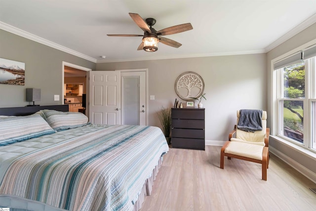 bedroom with baseboards, ornamental molding, ceiling fan, and light wood-type flooring