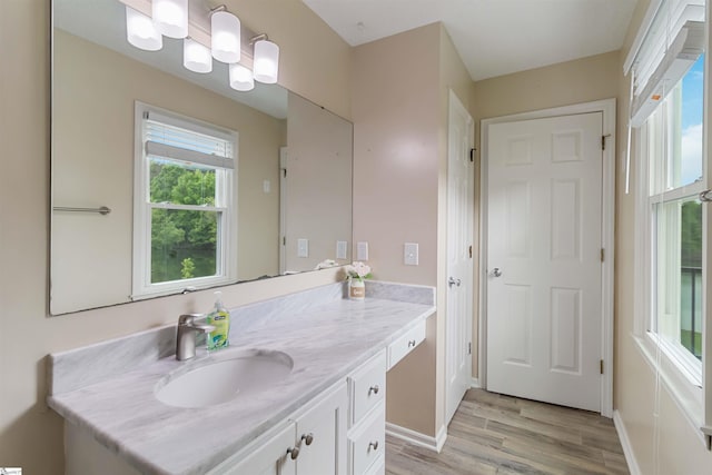 bathroom featuring vanity, baseboards, and wood finished floors