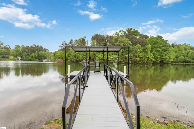 dock area with a water view and a wooded view