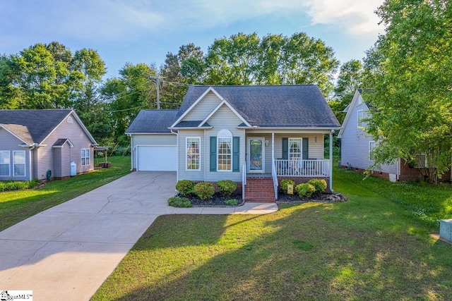 view of front facade featuring roof with shingles, an attached garage, a front yard, covered porch, and driveway