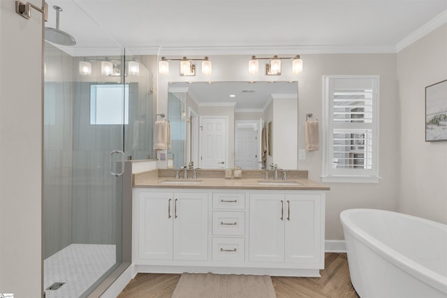 bathroom featuring a sink, crown molding, and a shower stall