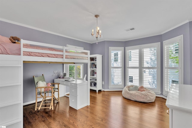 bedroom with visible vents, ornamental molding, and dark wood-style floors