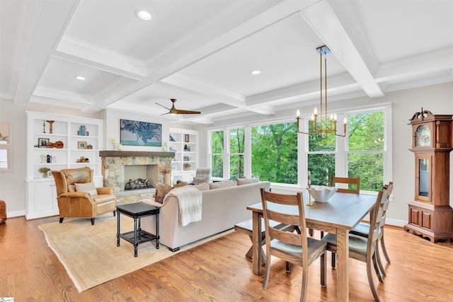 dining space featuring beamed ceiling, light wood-type flooring, and coffered ceiling