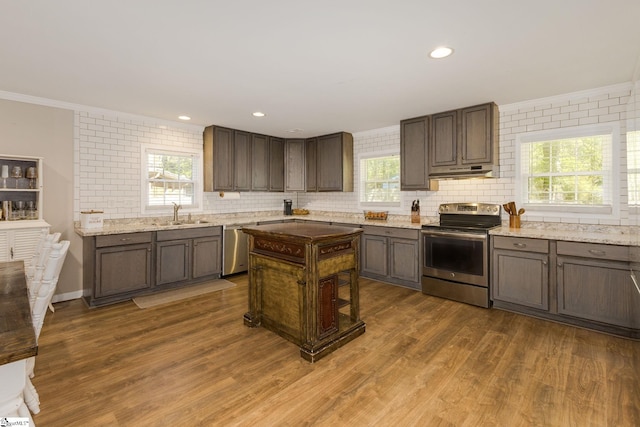 kitchen with tasteful backsplash, dark wood finished floors, a sink, under cabinet range hood, and stainless steel appliances