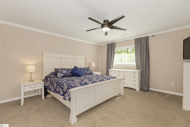 bedroom with crown molding, baseboards, visible vents, and light carpet