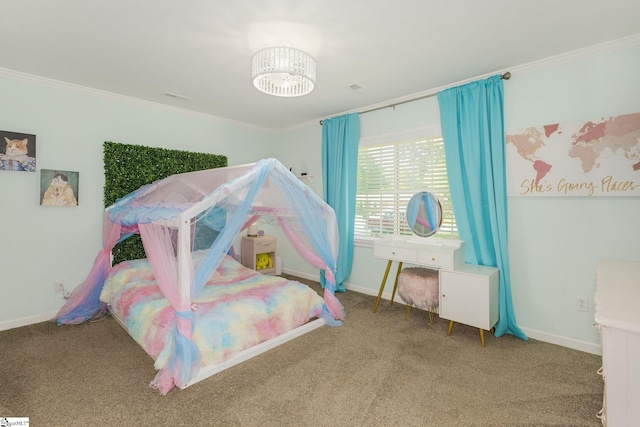 bedroom featuring baseboards, ornamental molding, and carpet