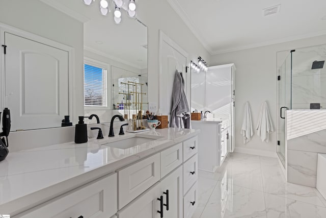 full bath featuring vanity, ornamental molding, a stall shower, and marble finish floor
