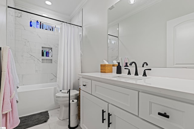 full bath with crown molding, vanity, toilet, marble finish floor, and shower / bathtub combination with curtain