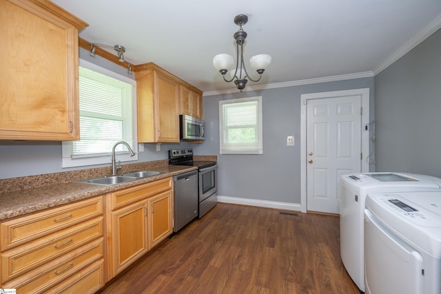 kitchen with ornamental molding, washer and dryer, a sink, dark wood finished floors, and stainless steel appliances