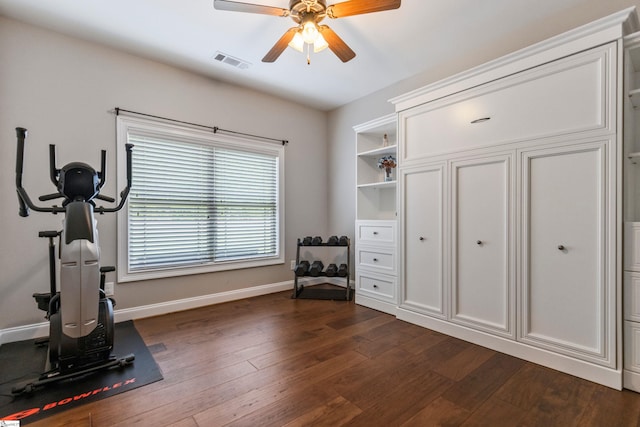 35 Laurelhart Ln, Simpsonville, SC 29681 - workout area featuring dark wood-style flooring, ceiling fan, visible vents, and baseboards