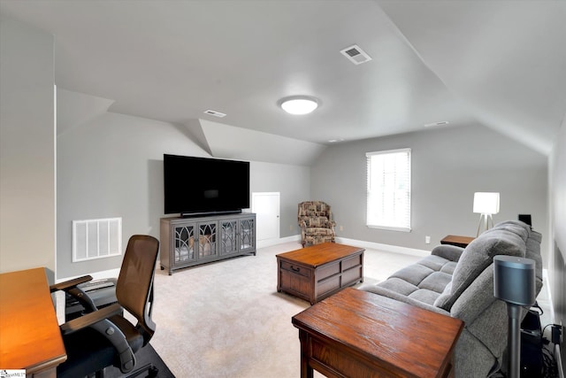 living room with light colored carpet, visible vents, and lofted ceiling
