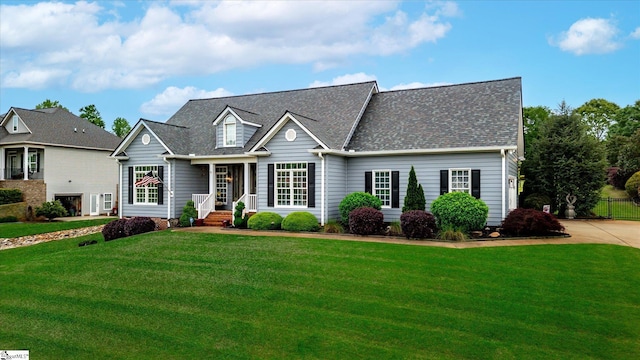 cape cod home with a shingled roof and a front yard
